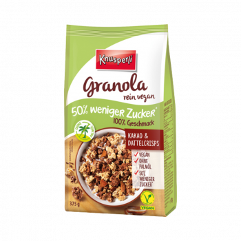 Knusperli Granola Kakao und Dattelcrisps, 50 prozent weniger Zucker, ohne Palmoel, vegan, 375g